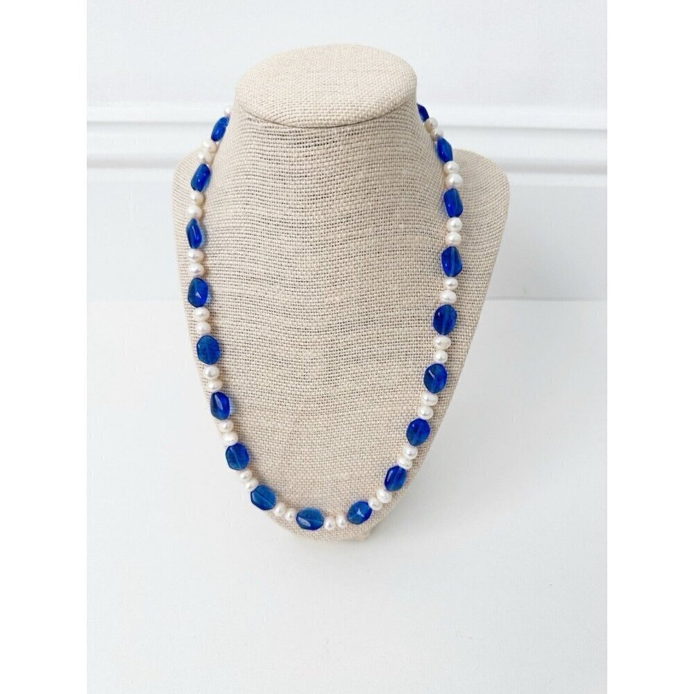 NWT Genuine Pearls & Glass Beads Necklace Beaded Blue White
